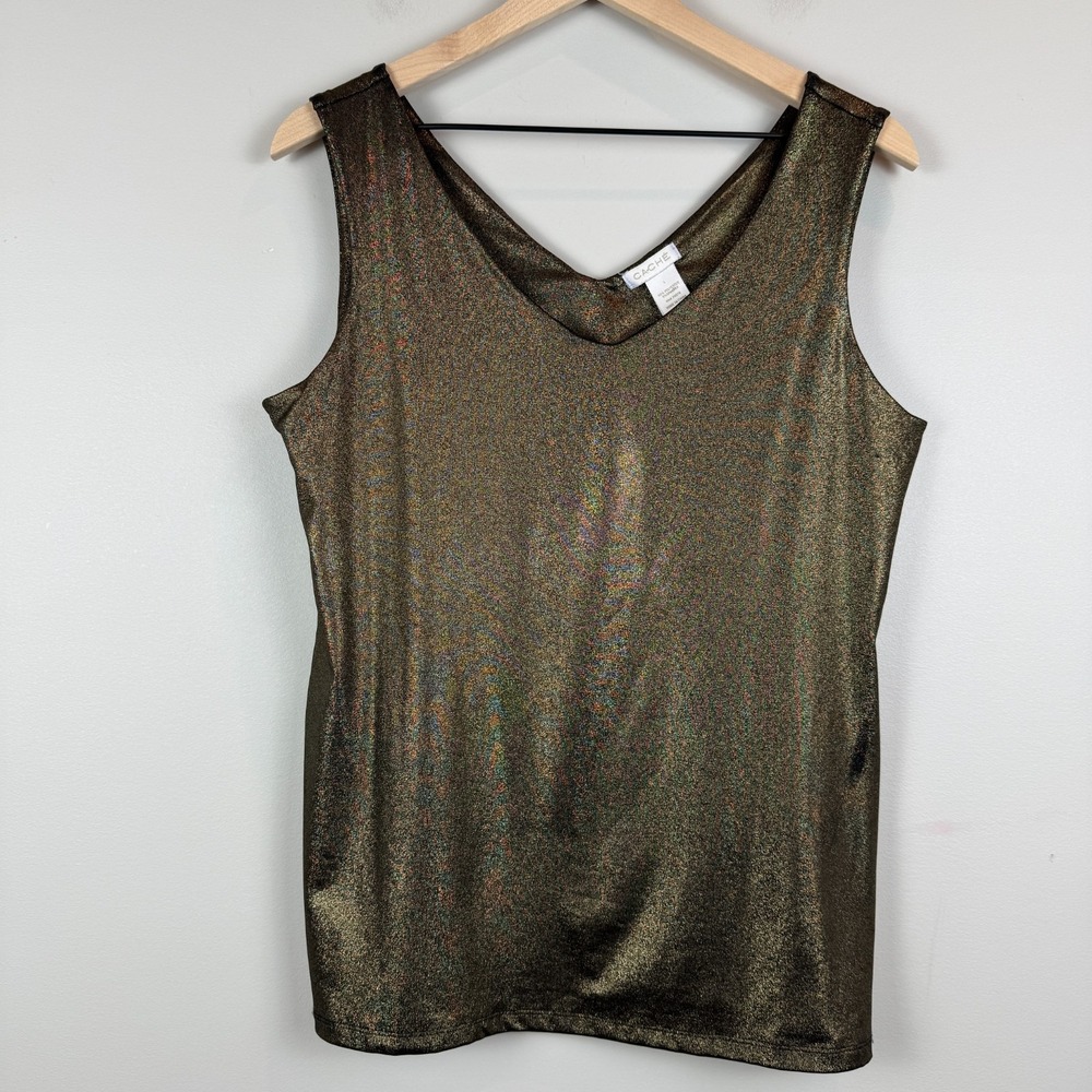 Cache Tank Top Women Large Shimmery Olive Green V-Neck Sleeveless Party‎ NWT